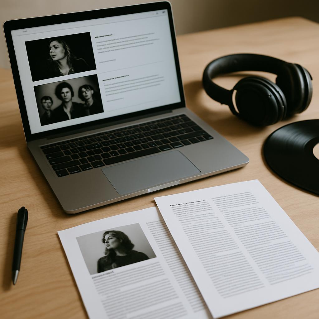An open laptop with a music website on the screen, headphones, a vinyl record, a pen, and another sheet of paper on a wood...